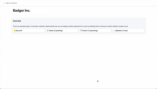 Video demonstration of a single Airtable record (a project) with additional record tabs showing dynamic information. Each of the additional tabs opens a separate record details with a customisable view of the current record.