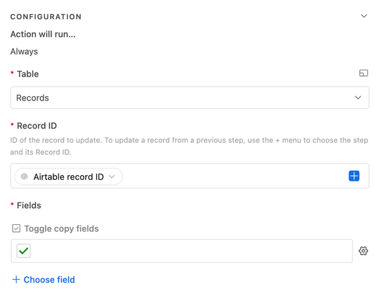 Configuring this step to toggle the Toggle copy fields checkbox